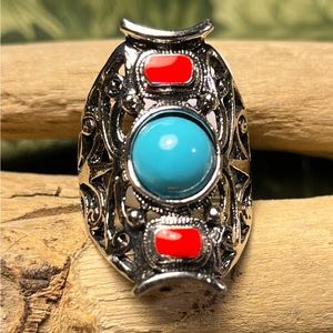 2253-HMT Vintage Hollowed Style Plated Alloy Silver, Blue & Red Resin Color Ring